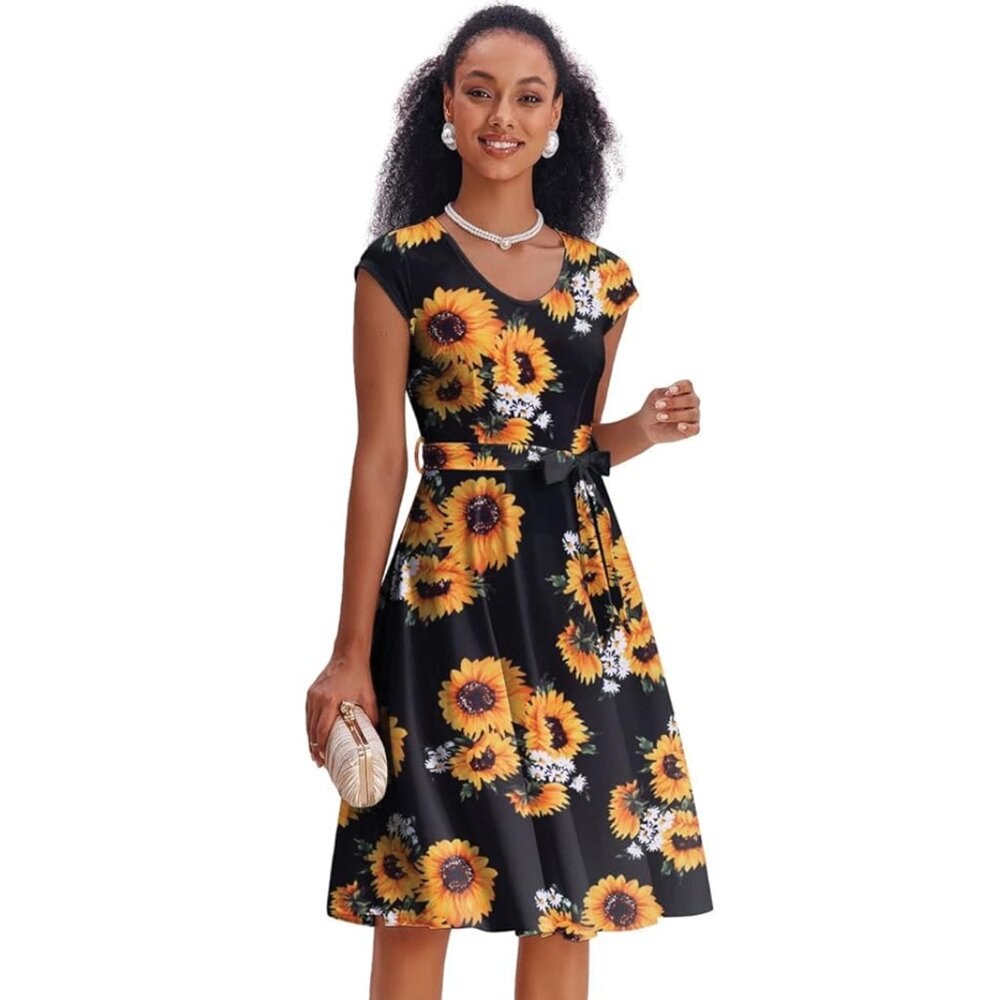 2781 - ELESOL Women's Black/Yellow Sunflower Floral Half Sleeve V-Neck Dress (S)